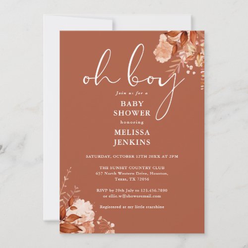 Oh Boy Rustic Floral Autumn Fall Baby Shower Invitation