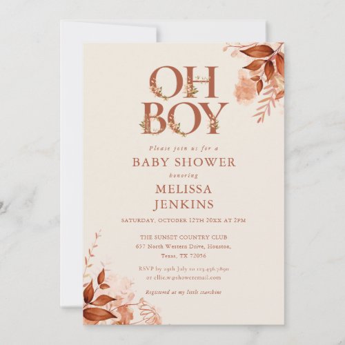 Oh Boy Rustic Floral Autumn Fall Baby Shower Invitation