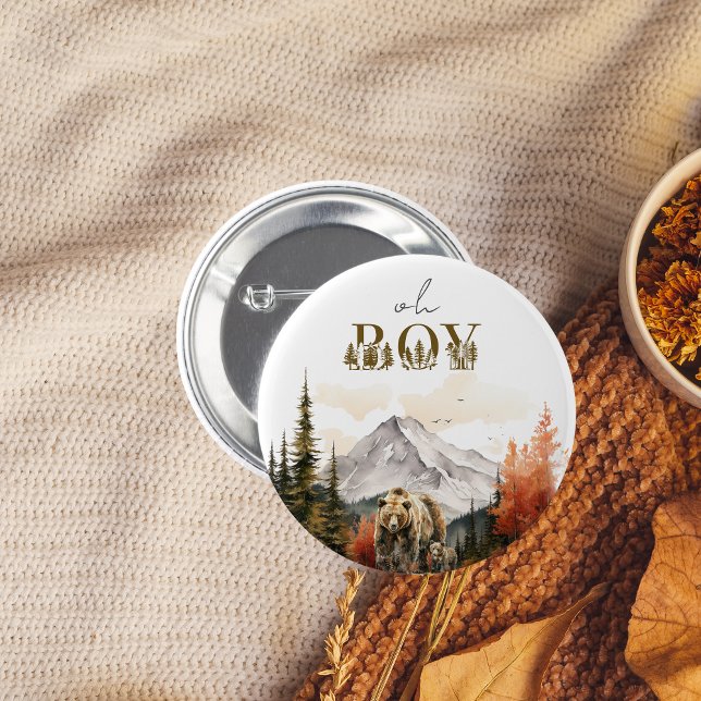 Oh Boy Rustic Woodland Mountain Bear Baby Shower Button (Creator Uploaded)