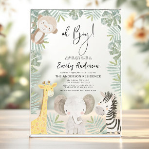 Oh Boy Safari Animal Boy's Baby Shower Acrylic Invitations
