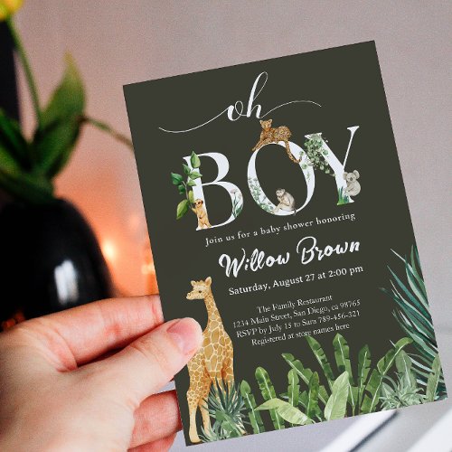Oh Boy Safari Animal Forest Greenery Baby Shower Invitation