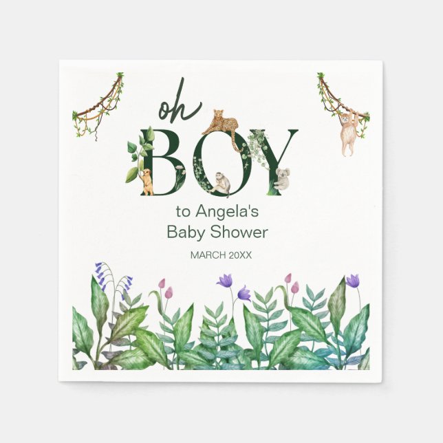 Oh boy Safari Animal Jungle Green Baby Shower Napkins (Front)
