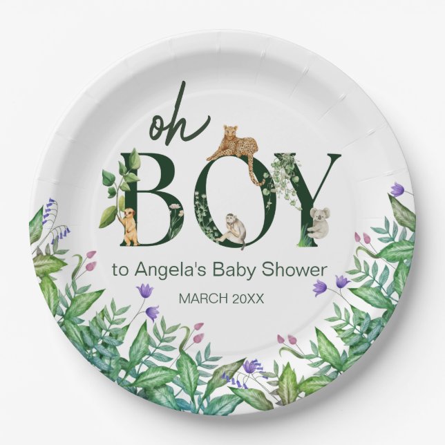 Oh boy Safari Animal Jungle Green Baby Shower Paper Plates (Front)