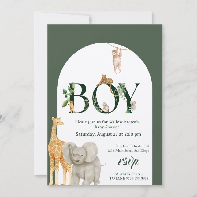 Oh Boy Safari Animal Jungle Greenery Baby Shower Invitation (Front)