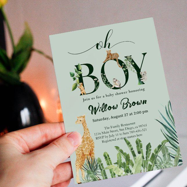 Oh Boy Safari Animal Jungle Greenery Baby Shower Invitation (Creator Uploaded)