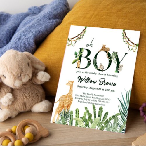 Oh Boy Safari Animal Jungle Greenery Baby Shower Invitation