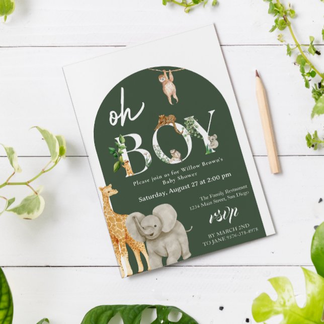Oh Boy Safari Animal Jungle Greenery Baby Shower Invitation (Oh Boy Wild Safari animal card)