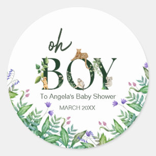 Oh boy Safari Animal Jungle White Baby Shower Classic Round Sticker