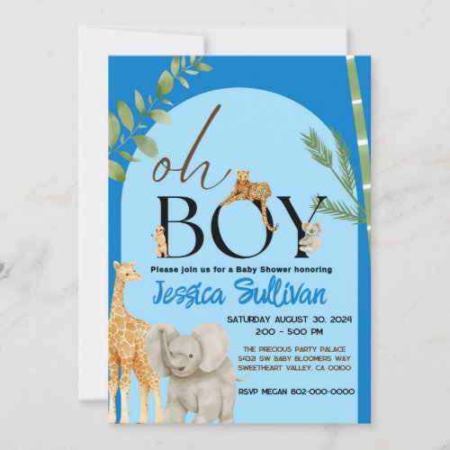 Oh Boy Safari Animal Shades of Blue Baby Shower Invitation