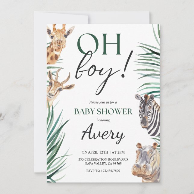 Oh Boy Safari Animals Baby Shower Invitation (Front)