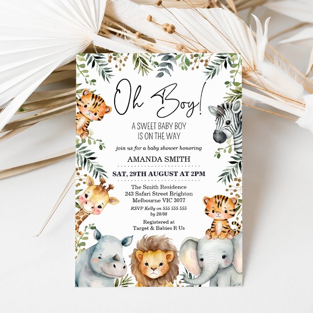 Oh Boy Safari Foliage Baby Shower Invitation (Safari themed baby shower invitation for a baby boy featuring seven cute jungle animals and foliage.)