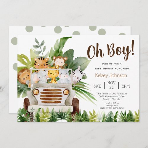 Oh Boy Safari Jungle Zoo Animals Boy Baby Shower Invitation