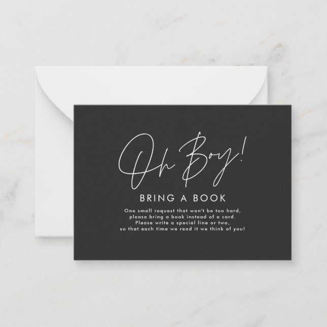 oh boy script black baby shower bring a book  note card (Front)