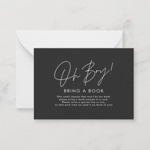 oh boy script black baby shower bring a book  note card