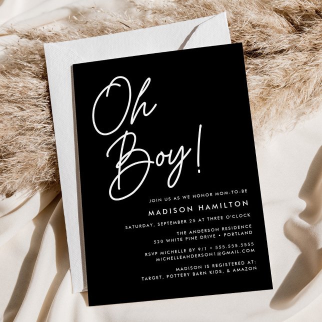 Oh Boy Script Black Minimalist Baby Shower Invitation (Creator Uploaded)