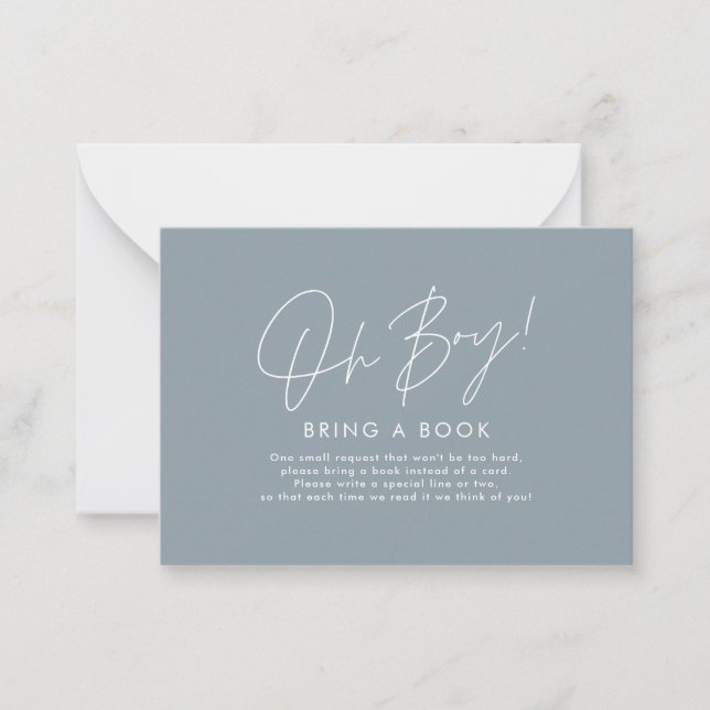 oh boy script blue baby shower bring a book  note card (Front)