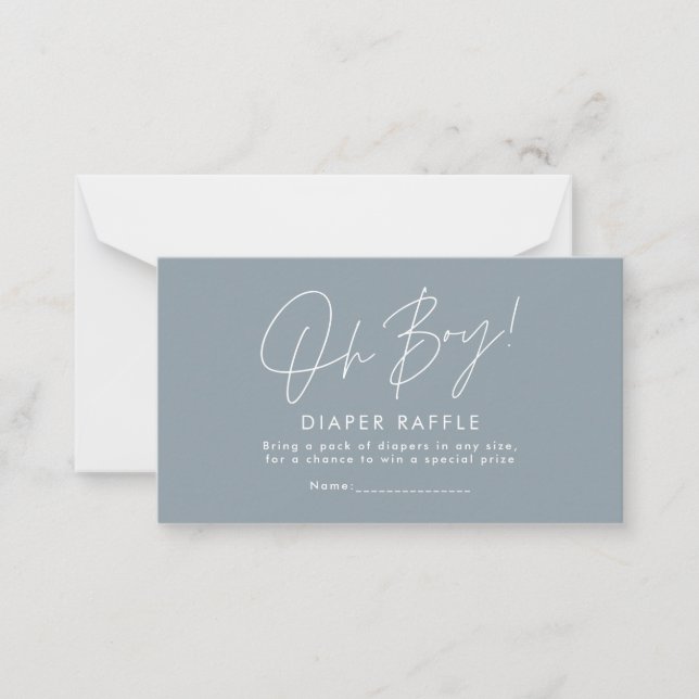 oh boy script blue baby shower diaper raffle note card (Front)