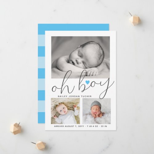 Oh Boy Script Blue Heart Collage Photo Birth Announcement