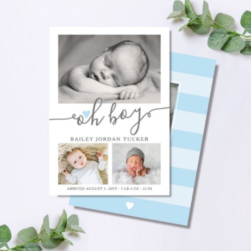 Oh Boy Script Blue Heart Collage Photo Birth Announcement
