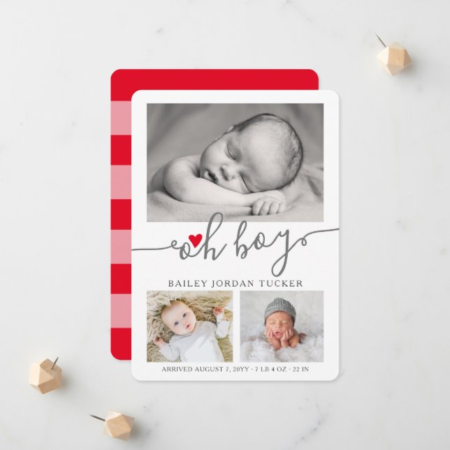 Oh Boy Script Christmas Red Heart Collage Photo Announcement (Front/Back In Situ)