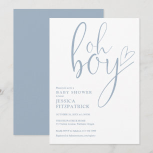 Oh Boy Script Heart Dusty Blue Boy Baby Shower Invitation