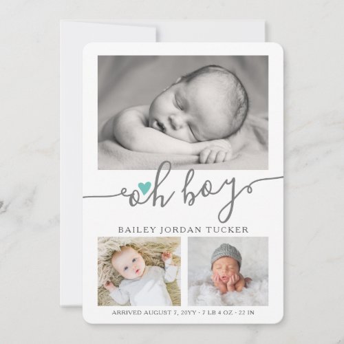 Oh Boy Script Light Teal Heart Collage Photo Birth Announcement