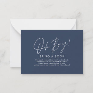 oh boy script navy blue baby shower bring a book note card