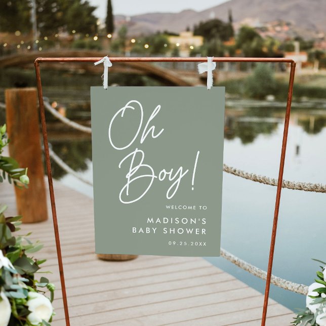 Oh Boy Script Sage Green Baby Shower Welcome Sign (Creator Uploaded)