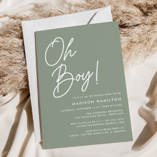 Oh Boy Script Sage Green Minimalist Baby Shower Invitation
