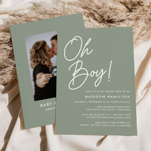 Oh Boy Script Sage Green Photo Baby Shower Invitation