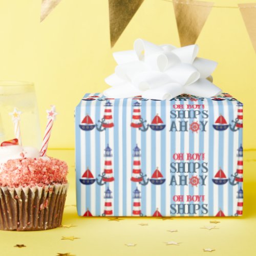 Oh Boy Ships Ahoy First Birthday Shower Wrapping Paper