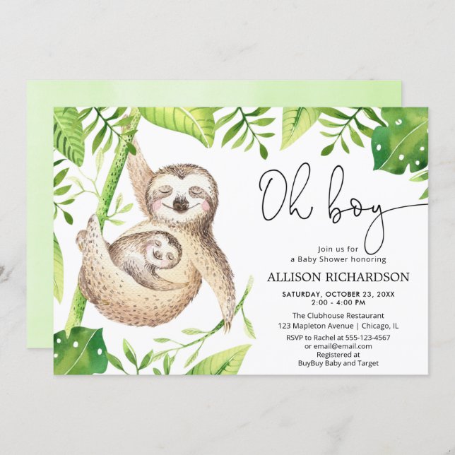 Oh Boy sloth tropical green leaves boy baby shower Invitation (Front/Back)