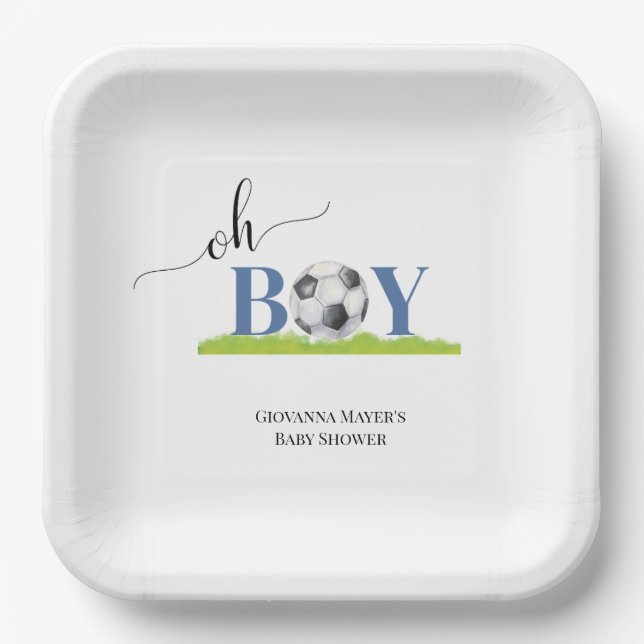 Oh Boy Soccer Boy Baby Shower Invitation Paper Plates (Front)