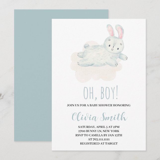 Oh Boy Sweet Bunny Watercolor Baby Shower Invitation (Front/Back)