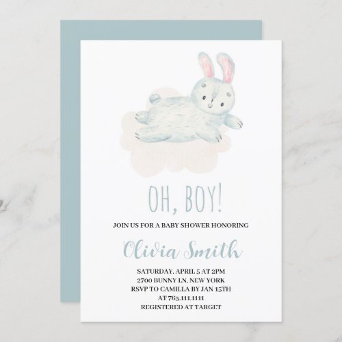 Oh Boy Sweet Bunny Watercolor Baby Shower Invitation