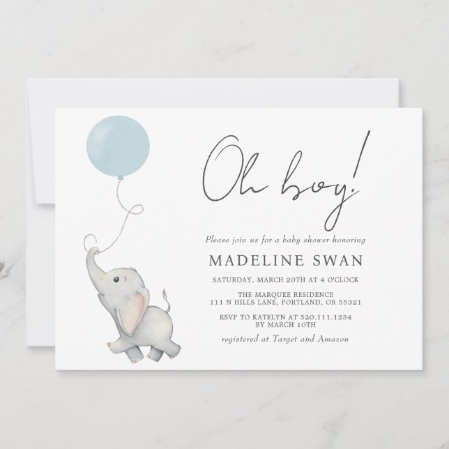 Oh Boy Sweet Elephant Baby Shower Invitation (Front)