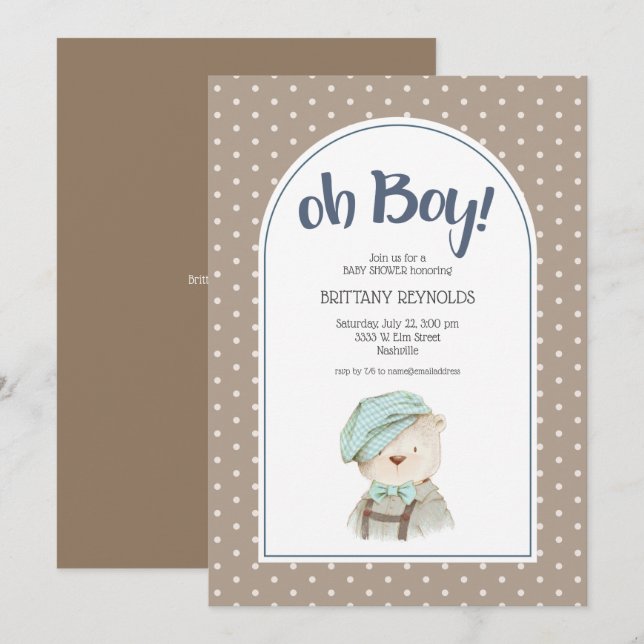 Oh Boy Tan Polka Dot Teddy Bear Baby Shower Invitation (Front/Back)