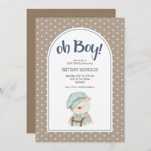 Oh Boy Tan Polka Dot Teddy Bear Baby Shower Invitation