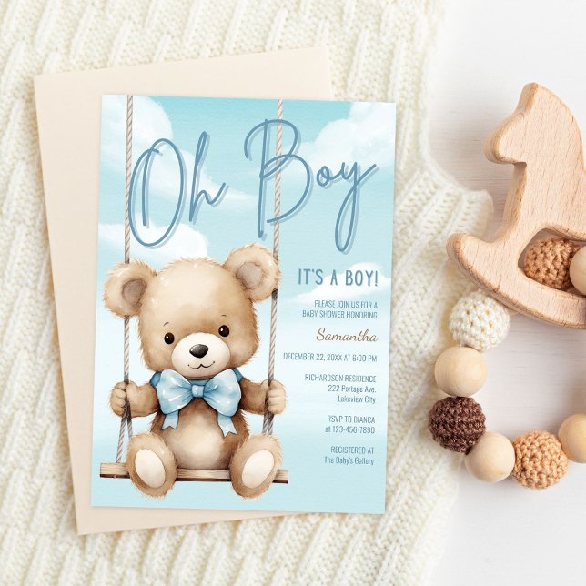 Oh Boy Teddy Bear Baby Shower Invitation Design (Soft teddy bear baby shower invitation with watercolor design and neutral styling)