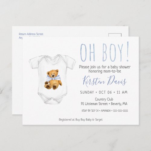 Oh Boy Teddy Bear Baby Shower Simple Invitation P Postcard