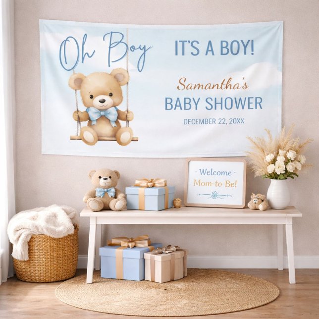 Oh Boy Teddy Bear Baby Shower Wall Banner (Teddy bear baby shower backdrop styled in a cozy Oh Boy themed celebration setup)