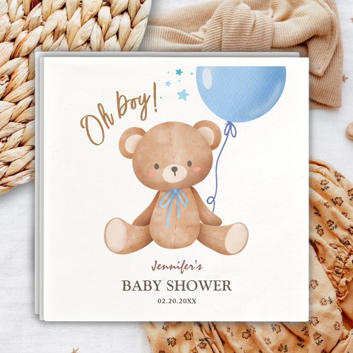 Oh Boy  Teddy Bear Blue Balloon Baby Shower  Napkins
