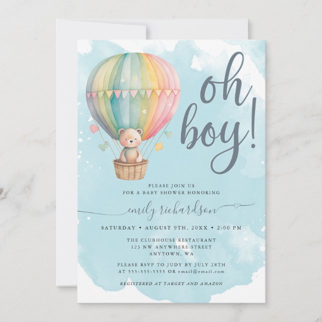 Oh Boy Teddy Bear Blue Hot Air Balloon Baby Shower Invitation (Front)