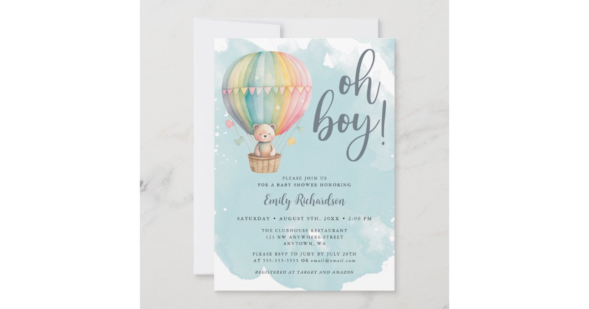 Oh Boy Teddy Bear Blue Hot Air Balloon Baby Shower Invitation | Zazzle