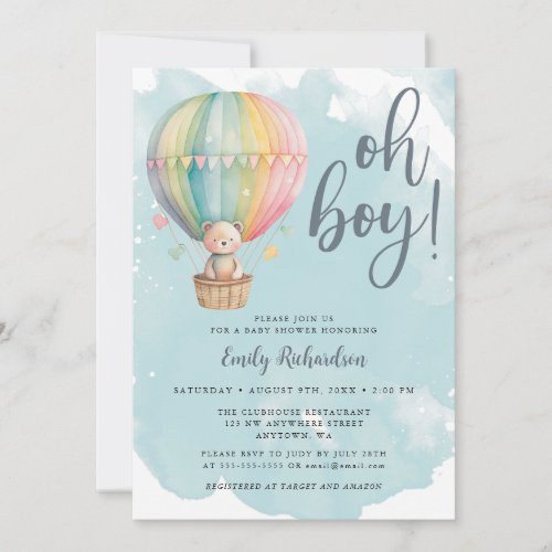 Oh Boy Teddy Bear Blue Hot Air Balloon Baby Shower Invitation