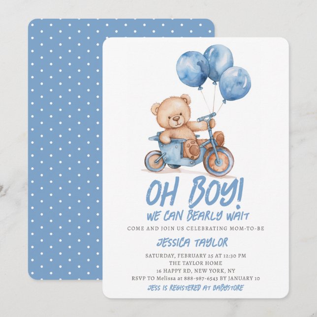 Oh Boy Teddy Bear Boy Blue Bearly Wait Baby Shower Invitation (Front/Back)