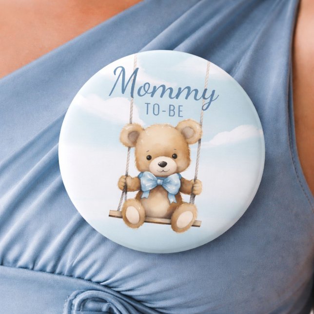 Oh Boy Teddy Bear Mommy To Be Pin (Mommy To-Be button worn on dress, featuring a sweet teddy bear baby shower design)