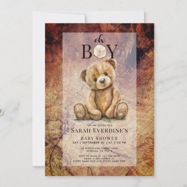 Oh Boy Teddy Bear Rustic Wood Grain Baby Shower  Invitation (Front)