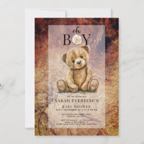 Oh Boy Teddy Bear Rustic Wood Grain Baby Shower  Invitation