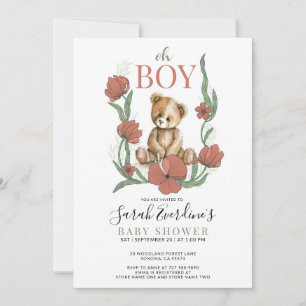 Oh Boy Teddy Bear Watercolor Baby Shower  Invitation
